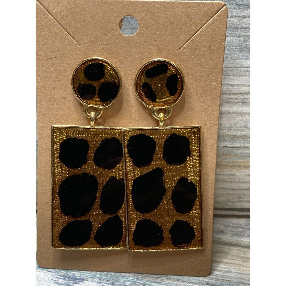 Cheetah‎ Animal Print Gold Black EARRINGS Drop Dangle Rectangle NWOT